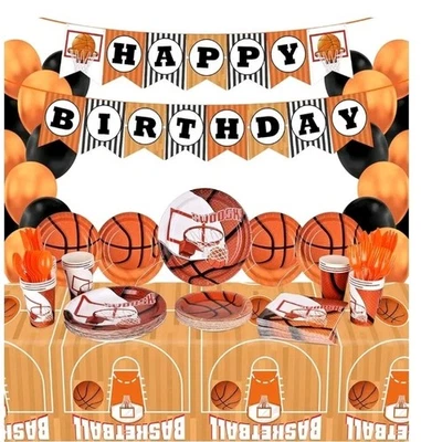 Vajilla de fiesta de cumpleaños de baloncesto - Platos de papel Servilletas Tazas Utensilios Banner  Foto 1 de 4