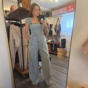 Jade By Jane Flutter Sleeve Denim Wide Leg Jumpsuit Women's XL - Picture 1 of 6