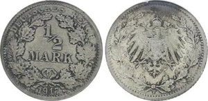 Deutsches Empire 1/2 Mark 1917 F Blackened Xf-Bu Gschwärtzt 58726 - Picture 1 of 1