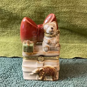 Klappdeckel Geschenk Elefant, Teddybär, Schleife Porzellan Limoge Schmuckschatulle - Bild 1 von 11