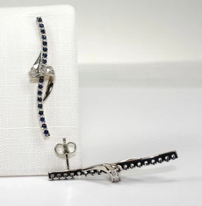 Orecchini Stravaganti In Oro Bianco 585 Con Zaffiro E Diamante 0,16ct w.si - Foto 1 di 1