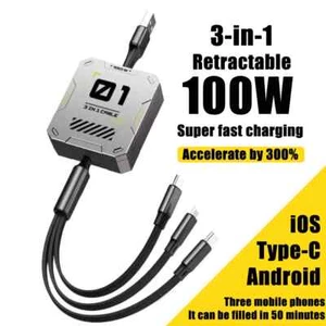 3IN1 Retractable USB Cable 100W Fast Charging Car USB to Type C Cable For iPhone - Picture 1 of 11