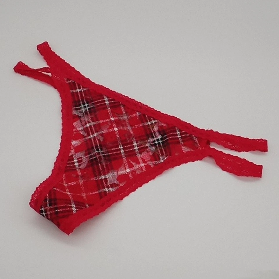 Женские розовые трусики Victorias Secret‎ большие кружевные с ремешками стринги красный перец клетчатые - Изображение 1 из 4