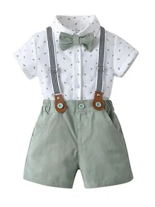 Baby Boys Gentleman Shorts Sets Infant Outfits Suits Shirt+Shorts+Bow Tie+Sus... - Picture 1 of 5