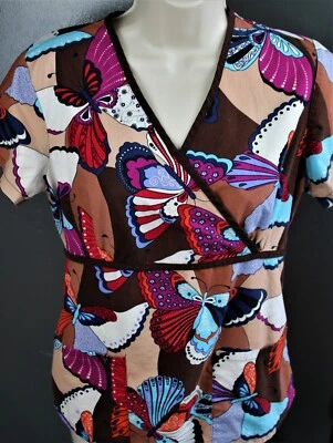 Scrubs Butterfly Women XS Size Brown Red Blue Color Tie LG Front Pocket - Image 1 of 3