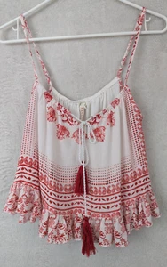 RAGA Anthropologie sz S Cropped Tank Top Blouse red white tassels viscose 1246 - Picture 1 of 4
