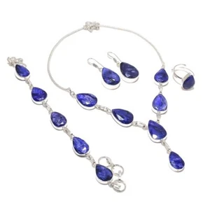 Blue Sapphire Gemstone Necklace Set Handmade Antique Design Pear Shape Jewelry - Picture 1 of 9