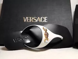 VERSACE Women's Medusa WHITE/BLACK Leather Thong Slide Sandal Size 9 US **$675 - Picture 1 of 15