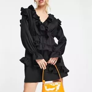 NEW asos Lola May Black Ruffle Front Mini Dress Women's 14 - Picture 1 of 8