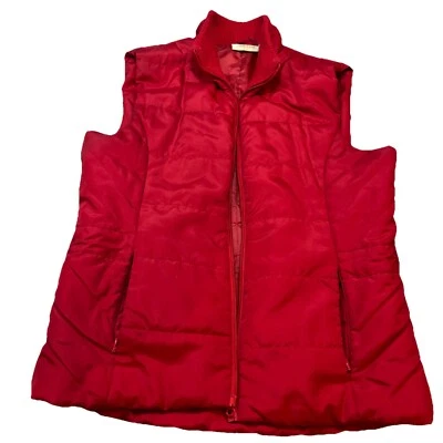 RED Puffer Vest Full Zip Pockets Sleeveless Jacket RIBBED BAND NECK M cinch Ties - Image 1 of 4