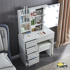 White Makeup Vanity Table Set With Sliding Mirror 6 Shelves Stool Dressing Desk