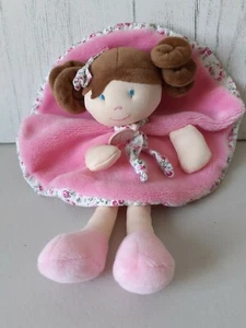 Doudou et Compagnie Pink Girl Baby Comforter Soft Toy Doll Floral Brown Hair  - Picture 1 of 7