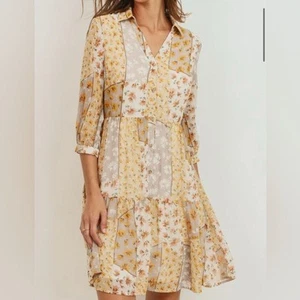 Paper Crane Yellow and Cream Tiered Ruffled Midi Dress women size S - Picture 1 of 12