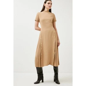 Karen Millen Dress 6 Tailored Military Pleat Midi Dress Camel Beige NWT - Picture 1 of 8