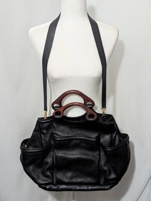 De Colección LRG Bolso de Hombro Mango de Madera CEM Cartera Lota Bolsillos Cuero Negro 18"x 12" Foto 1 de 4