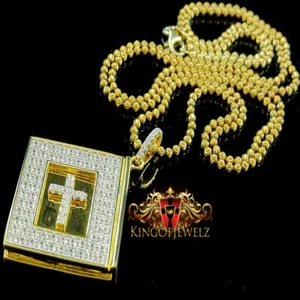 Mens Yellow Gold Silver Lab Diamond Holy Bible Book Pendant Pave Charm Chain - Picture 1 of 1