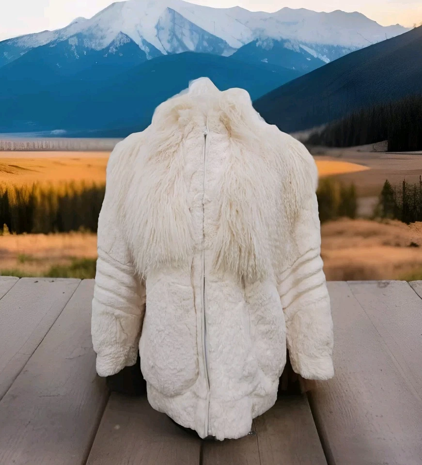 VTG 80s Boho Lux Retro Cream Mongolian Lamb Sheared Rabbit Fur Jacket Coat Sz M - Image 1 of 4