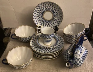 13 Stück (ЛФЗ) Kaiserliches Russland China Teeservice Kobalt Gold 4 Tassen 6 Untertassen usw. - Bild 1 von 24