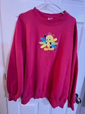 复古 90 年代 Looney Tunes Tweety Bird 粉红色运动衫 26W 28W 刺绣拉绳 — 第 1/4 张图片