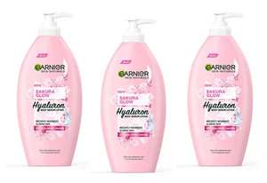 400ml x 3 Bottle GARNIER Lotion Sakura Glow Hyaluron Body Pinkish Radiance Serum - Picture 1 of 4