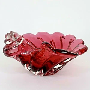 Blown Art Glass Bowl Cranberry Swirl Shell with Knot Trinket Dish Mid Century - Picture 1 of 9