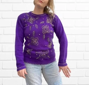 Vintage Jumper Size 14 Angora Silk 1980s Luxe Sweater Purple Retro Fluffy Bead - Picture 1 of 24