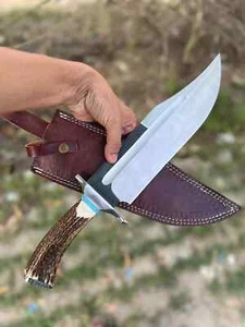Coltello Bowie da caccia in acciaio al carbonio manico in cervo fatto a mano con guaina - Foto 1 di 8