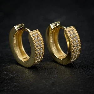 Small Iced 14k Gold Sterling Silver 2 Row Iced CZ Men's Huggie Hoop Earrings - Picture 1 of 4