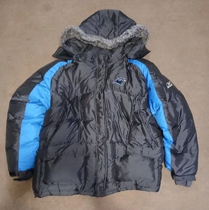 VTG Carolina Panthers Reebok On Field Puff Parka Coat Black Mens XL Team Apparel - Picture 1 of 6