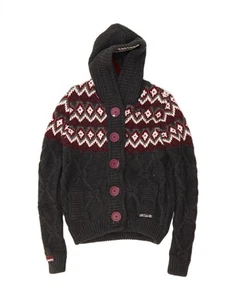 SUPERDRY Womens Hooded Cardigan Sweater UK 12 Medium Grey Fair Isle Wool AE01 - Picture 1 of 3