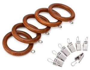 Wood Curtain Rings with Clips 2.25 Inch, Set of 12, Brown Varnished Finish - Picture 1 of 1