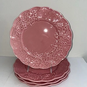 Set/4 Bordallo Pinheiro~INGRID PINK~Embossed Floral 10.25" Plates ~ uncrazed!
