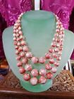 Vintage 1960s Pink Bead Necklace Marbled 3 Strand - Hong Kong Signed