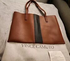 Vince Camuto Brown Black Stripe Vegan Leather Tote Laptop Bag Shopper Purse