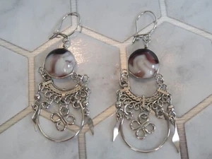 New w/o Tags STAINLESS STEEL AGATE Dangle Drop EARRINGS 2.25" Length - Picture 1 of 4