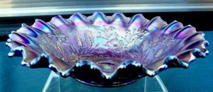 NORTHWOOD"MINT"ANTIQUE"c1910"CARNIVAL GLASS"BLUE STIPPLED"GOOD LUCK"9"PCE BOWL - Picture 1 of 11