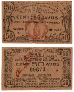 Filippine 1943 Leyte 50c S404 WW2 Guerriglia Emergenza in Legno Piatto - Foto 1 di 3