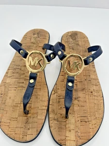 Michael Kors MK Sandalen dunkelblau Kork Riemen gold Logo Größe 8 Flip Flops Gummi - Bild 1 von 15