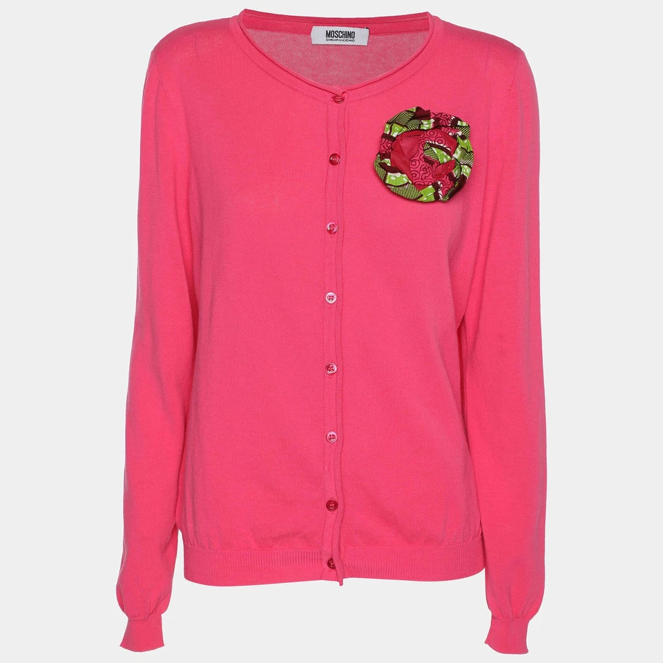 Suéter Moschino Barato y Elegante Rosa Algodón Tejido Apliques Florales Botón Frontal M Foto 1 de 4