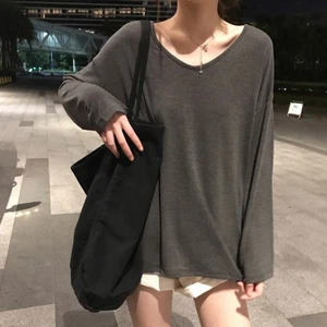 Casual Loose Fit Womens Top with V Neck Long Sleeves Solid Color Design - Picture 1 of 21