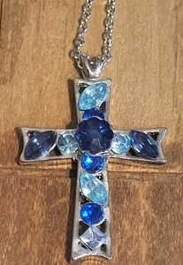 Collar colgante cruz plata zafiro azul 18" - Imagen 1 de 10