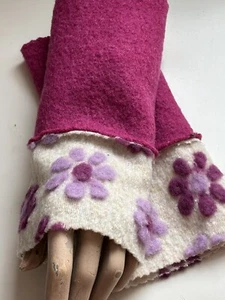 Handstulpen Stulpen Merino Wollwalk 20 cm Musterwalk pink Lila wollweiß - Bild 1 von 7