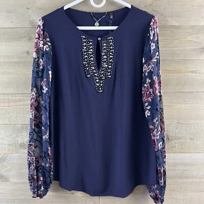 BKE Boutique Womens Shirt Burnout Velvet Floral Long Sheer Sleeve Beaded Small - Image 1 of 4