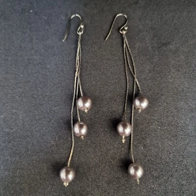 Vintage Faux Gunmetal Grey Pearl Style Triple Dangle Earrings 4 in - Image 1 of 4