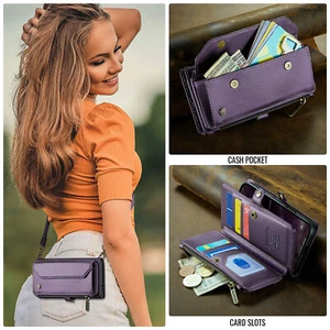 CaseMe Crossbody Zipper Wallet Case Leather Cover for iPhone 13 14 15 16 Pro Max - Picture 1 of 61