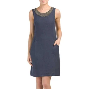 NWT Lina Tomei chambray blue 100% linen shift dress metal beaded neckline Italy - Picture 1 of 10