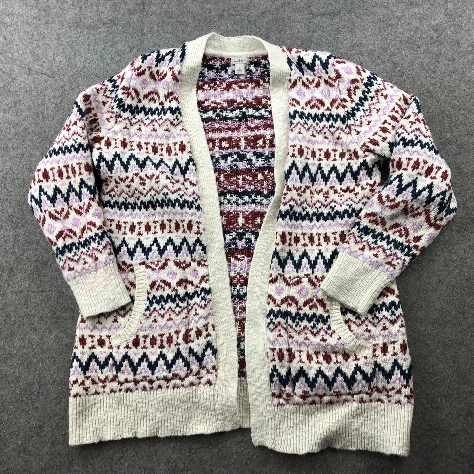 Cardigã feminino LL Bean suéter grande branco ilha justa malha jumper aberto - Imagem 1 de 4