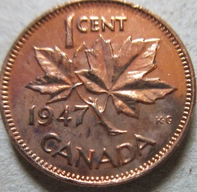 1947 Canada Small Cent Coin. UNC RED Penny 1p Ic (C937) - Image 1 of 2