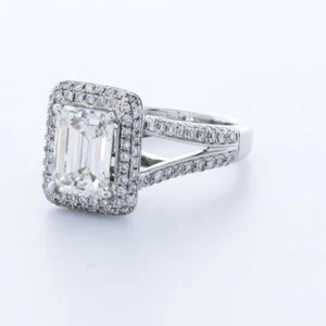 3.8CT LAB-CREATED DIAMOND D/VS2 EMERALD CUT 18K GOLD FOUR-PRONG HALO ACCENT RING - Picture 1 of 4