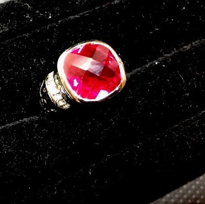 Sterling finished 5CT Pillow-Cut Faceted simulated Ruby Ring, with CZ Accents - Image 1 of 4